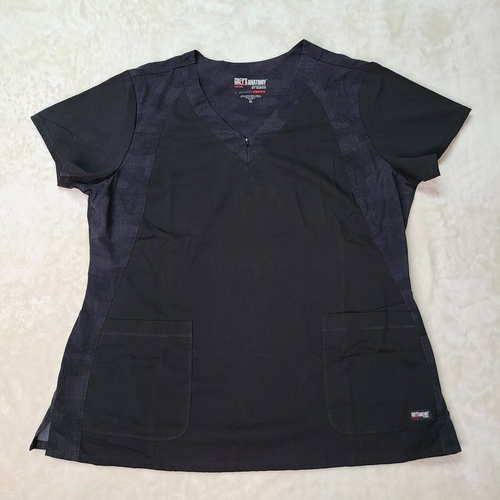 Grey's Anatomy by Barco Spandex Stretch Scrub Top Black Size Women's XL Camo SPX